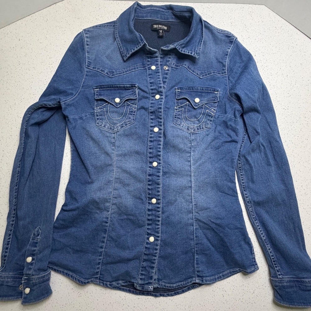 True Religion Womens Medium Wash Pearl Snap Denim Western Shirt Small